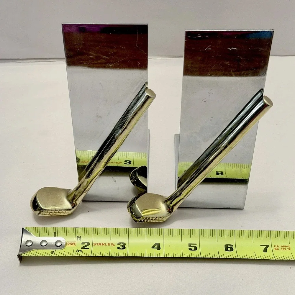 VTG MCM Chrome Golf Club Bookends Office Decor Silver Gold Metal Pair Retro Mod